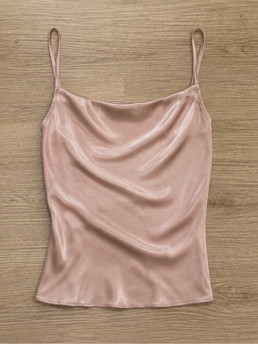 edge soft Blush Satin Cowl Neck Camisole with beautiful tie back